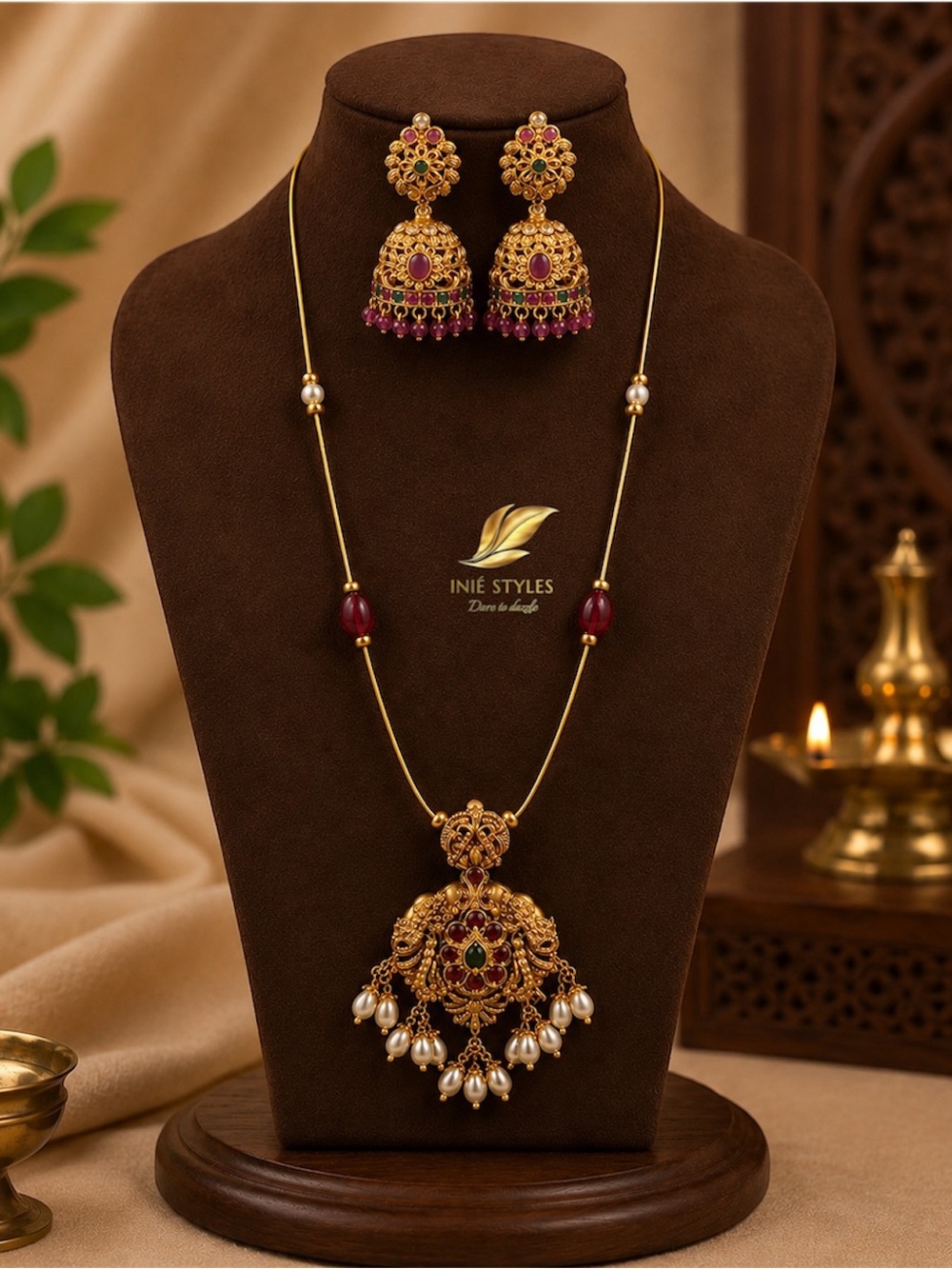 Gold-Tone Pearl & Ruby Pendant invisible Necklace Set